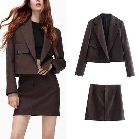 Za Women 2 Piece Skirt Plaid Suits Sets 2023 Female OL Basic Blazer Short Coats Pockets Skirts Blazer High Streetwear