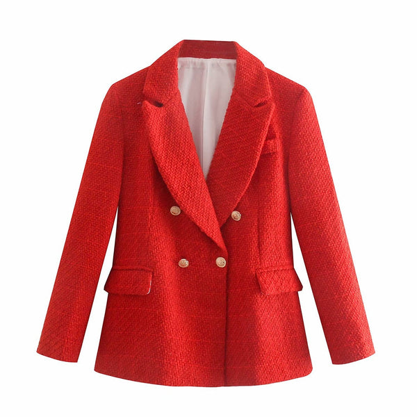 Za Women 2022 Texture Double Breasted Woolen Check Blazer Coat Vintage Long Sleeve Pockets Female Outerwear Chic Veste