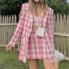 Za Women 2022 Single Pink Breasted  Check Blazer Coat Vintage Long Sleeve Pockets Loose Female Outerwear Chic