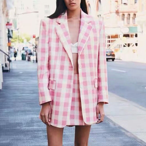 Za Women 2022 Single Pink Breasted  Check Blazer Coat Vintage Long Sleeve Pockets Loose Female Outerwear Chic