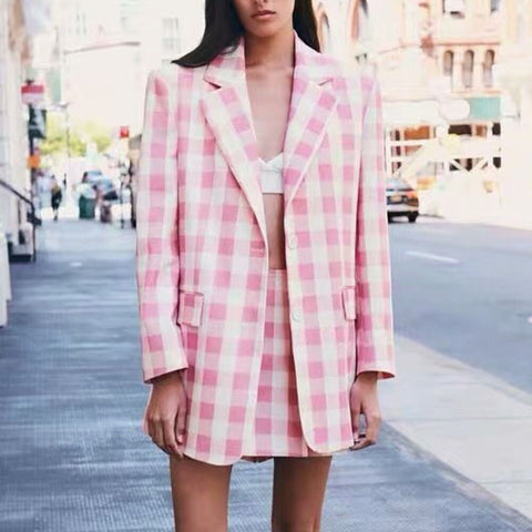 Za Women 2022 Single Pink Breasted  Check Blazer Coat Vintage Long Sleeve Pockets Loose Female Outerwear Chic