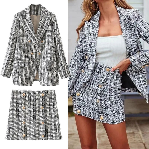 Za Women's Blazer Suit 2022 Autumn Plaid Long sleeve Office Buttons Coat Tops+High waist Mini Skirt Vintage 2-piece set
