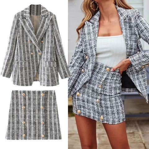 Za Women's Blazer Suit 2022 Autumn Plaid Long sleeve Office Buttons Coat Tops+High waist Mini Skirt Vintage 2-piece set