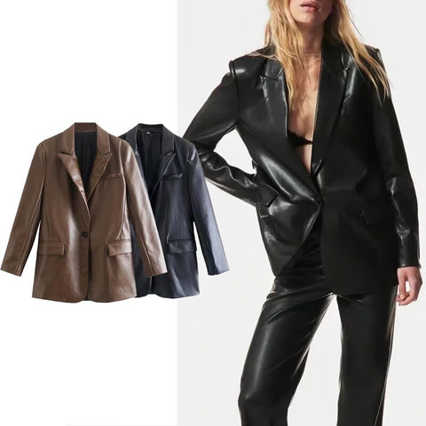 Za Women Blazer Coat 2023 Autumn Vintage Oversize PU Leather One Button Blazers Jacket Long Sleeve Female Outerwear Chic Tops