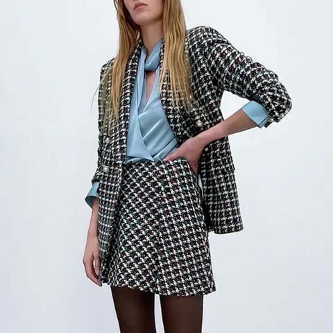 Za Women Suits With Skirt Set 2023 Office Tweed Blazers Jacket And High Wasit Mini Skirts 2 Piece Set Female Office Suit