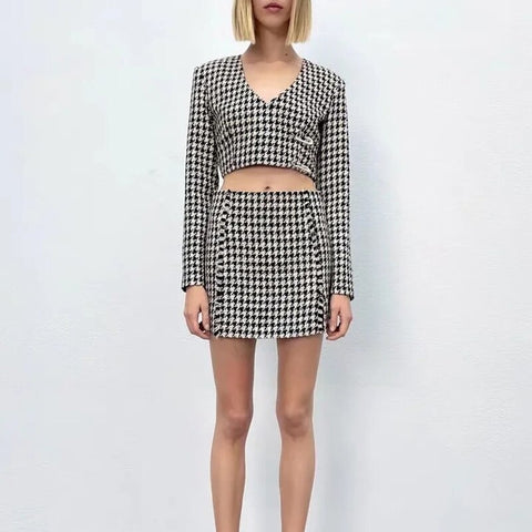 Za Women's Blazer Sets Houndstooth Two Piece Suit Office Ladies Formal Outwear Cropped Tops Vintage Jacket Suit Coat