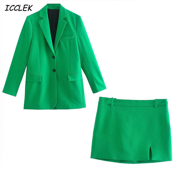 Za Women's Blazer Suit Green blazer For Women Long Sleeves Single Breasted Skirt Sets Elegant Office Lady Suit Green Jacket TRF
