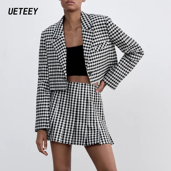 Za Women's Blazers Sets Cropped Tops Jackets Suits Female Plaid Long Sleeves Office Ladies Coat Outfit Workwear Korean Girl Chic