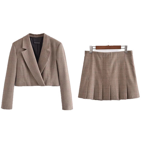 Za Women's Blazers Suits Jackets Sets Office Formal Blazers Ladies Cropped Coats Two Piece Outwear Skirts Striped Pleated Female