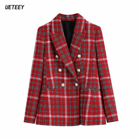 Za Women's Blazers Suits Jackets Sets Office Formal Ladies Blazer Mujer Coats Femme Long Sleeves Red Elegant Clothing Chic Plaid