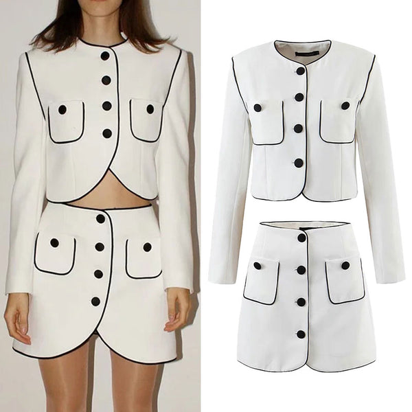 Za Women's Suit 2022 Office Long sleeve Single-breasted Pocket Blazers Coat +High waist Mini Skirt 2 piece set Clothing