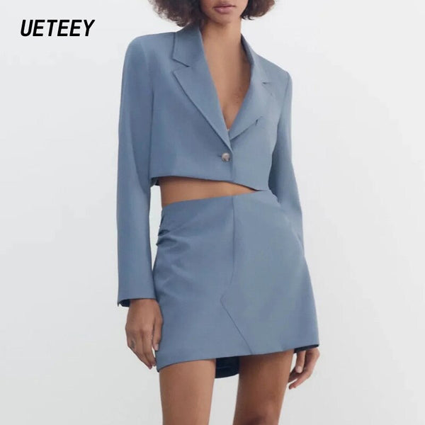 Za Women's Two Piece Blazer Suits Mujer Cropped Jacket Set Coat Office Formale Workwear Skinny Outwear Long Sleeves Solid Spring