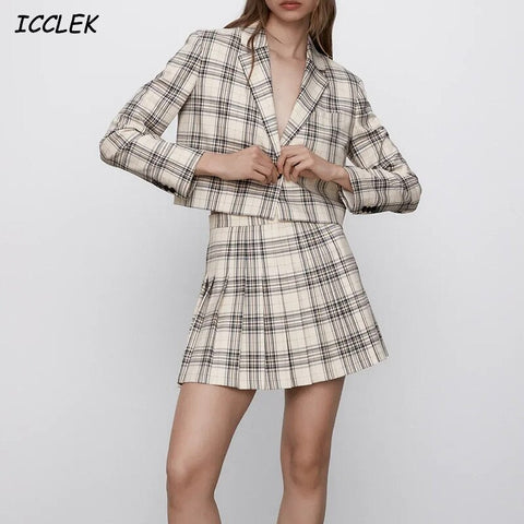 Za Women's Two Piece Blazers Suits Plaid Cropped Jacket Set Female Vintage Coat Sweet Korean Outfit Girls Chic Spring Casual trf