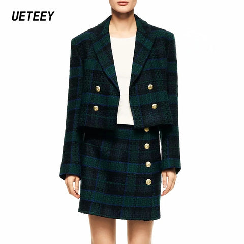 Za Women's Two Piece Blazers Suits Plaid Cropped Jackets Set Female Coats Vintage Slim Outwear Sexy Crop Top Workwear Casual trf