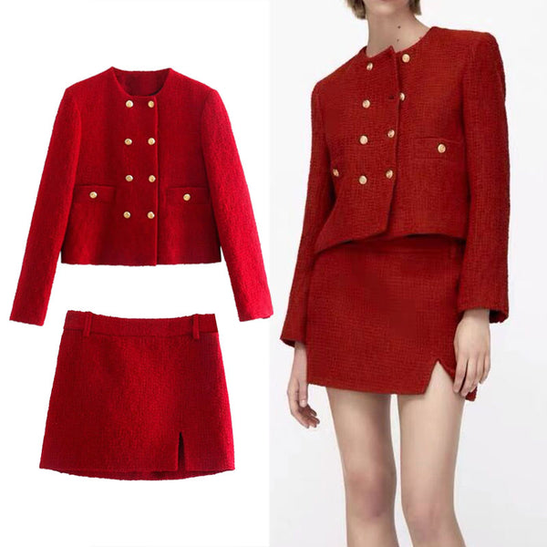 Za Women's suit 2022 Suits with skirt Texture Office Double breasted Blazer Coat High waist Mini skirt Chic 2 Piece Set