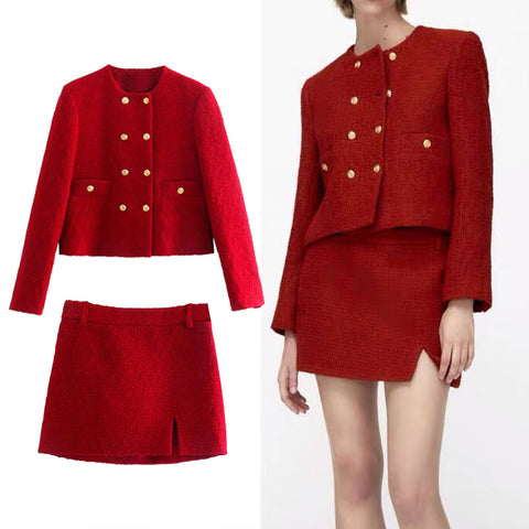 Za Women's suit 2022 Suits with skirt Texture Office Double breasted Blazer Coat High waist Mini skirt Chic 2 Piece Set