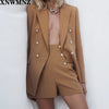 Za women buttoned blazer Long sleeve blazer lapel collar defined shoulders flap pockets vent double-breasted metal button camel