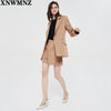 Za women buttoned blazer Long sleeve blazer lapel collar defined shoulders flap pockets vent double-breasted metal button camel
