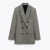 Za women check blazer grey lapel collar long sleeves Blazer front flap pockets double-breasted fastening with contrast buttons