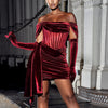 Zabrina Velvet Mini Dress Women Off Shoulder Mesh Patchwork Ribbon Robe Zipper Bodycon Sexy Party Dresses Y2k 2023 Solid Elegant