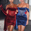 Zabrina Velvet Mini Dress Women Off Shoulder Mesh Patchwork Ribbon Robe Zipper Bodycon Sexy Party Dresses Y2k 2023 Solid Elegant
