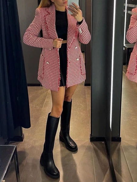 Zach AiIsa Quality Spring Vintage Check Textured Lapel Elegant Casual Double Breasted Embellished Slim Fit Blazer