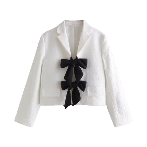 Zach AiIsa Summer Lapel Collar Contrast Bow Slim Fit Short Casual Straight Long Sleeve Texture Suit Jacket