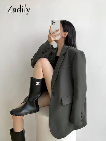 Zadily 2023 Autum Oversize Full Sleeve Gray Women Blazer Office Lady Solid Suit Blazers Work Winter Female Clothing Jackets Coat