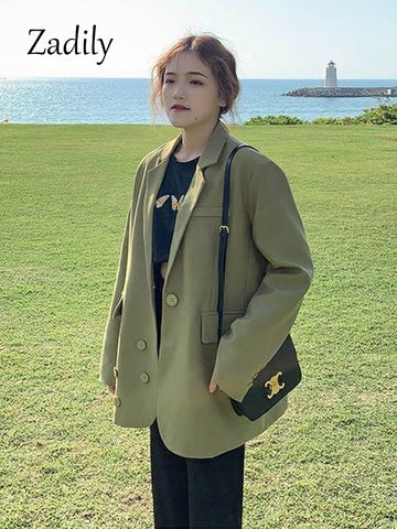 Zadily 2023 Autumn Korean style Long Sleeve Green Women Blazer Oversize Loose BF Ladies Suit Blazers Work Clothing Jacket Coat