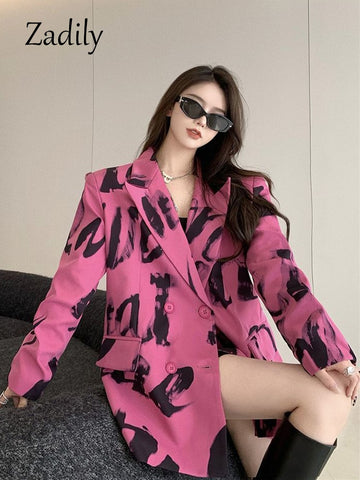Zadily 2023 Autumn Streetwear Tie Dye Full Sleeve Long Blazer Women Pink Loose Ladies Suit Blazers Party Female Coat Clothing