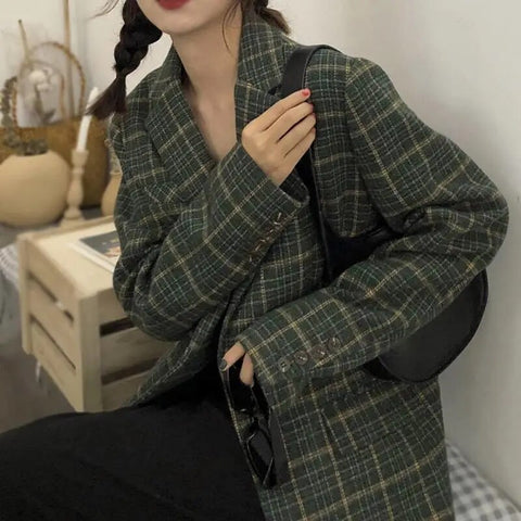 Zadily Vintage Women Chic Office Lady Single Breasted Plaid Blazer Coat 2023 Winter Notched Collar Long Sleeve Outerwear Tops