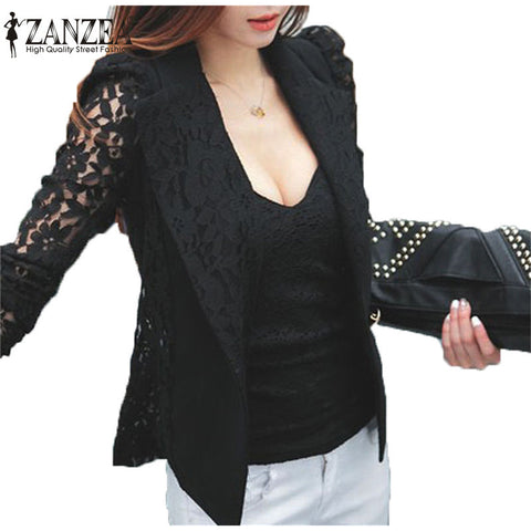 Fashion Coat Sexy Sheer Lace Blazer Suit Outwear Women  Formal Long Sleeve Slim Casual Jackets Plus Size S-3XL