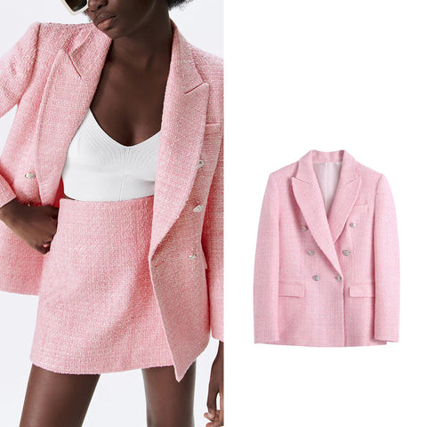 Zar Women's 2023 Long Sleeve Blazer Office Workwear Plaid Textured Pockets Double Breasted Chic Top Coat PL2542