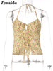 Zenaide 2023 Floral Print Lace Up Tank Top Halter Neck Backless Cut Out Women Summer Sexy Off Shoulder Crop Tops Y2K Vacation