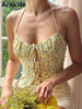Zenaide 2023 Floral Print Lace Up Tank Top Halter Neck Backless Cut Out Women Summer Sexy Off Shoulder Crop Tops Y2K Vacation
