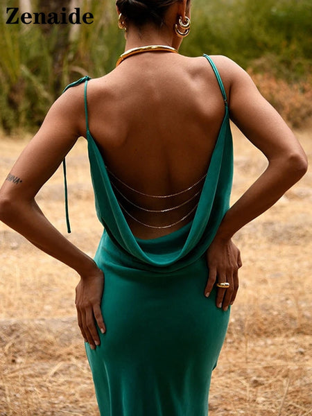 Zenaide 2023 Summer Elegant Spaghetti Strap Maxi Satin Dress With Chain Women Sleeveless Sexy Party Backless Bandage Dresses Y2K