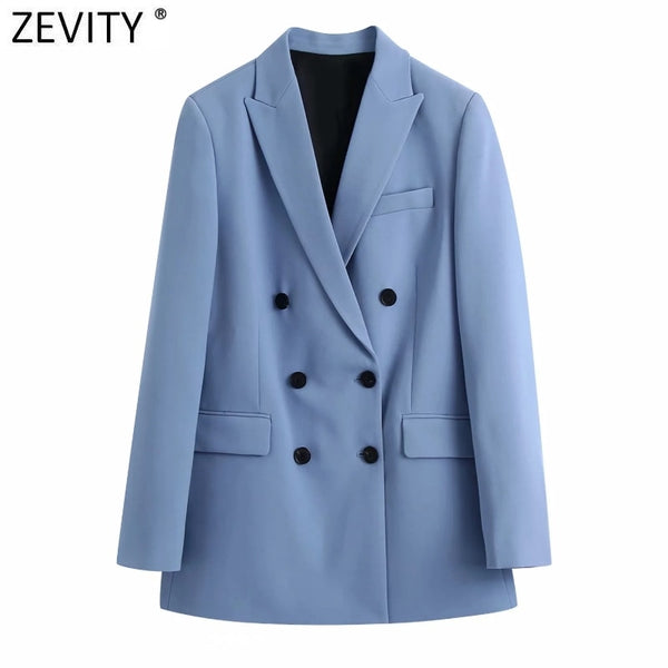 Zevity 2022 Women Double Breasted Casual Blazer Coat Office Ladies Pockets Stylish Outwear Suit Chic Business tops CT661