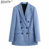 Zevity 2022 Women Double Breasted Casual Blazer Coat Office Ladies Pockets Stylish Outwear Suit Chic Business tops CT661