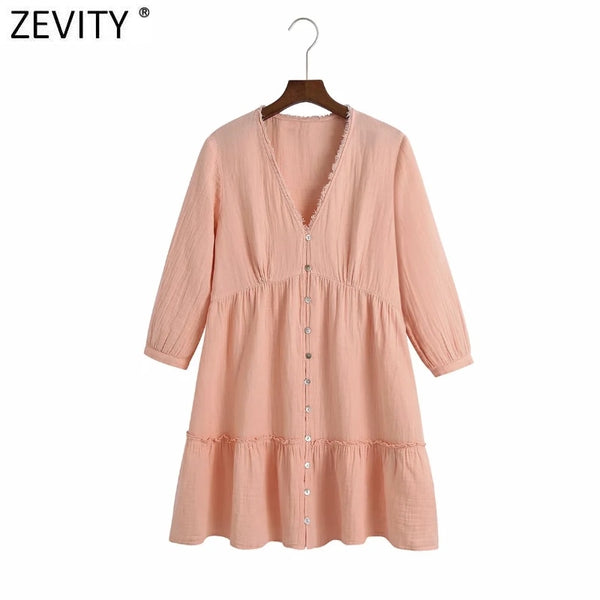 Zevity 2022 Women V Neck Solid Patchwork Casual Mini Shirt Dress Female Chic Agaric Lace Single Breasted Vestidos DS8749