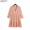 Zevity 2022 Women V Neck Solid Patchwork Casual Mini Shirt Dress Female Chic Agaric Lace Single Breasted Vestidos DS8749