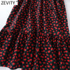 Zevity 2022 Women Vintage V Neck Rose Flower Print Pleats Ruffles Midi Dress Female Bow Sashes Chic Vestido Casual Cloth DS5026