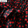 Zevity 2022 Women Vintage V Neck Rose Flower Print Pleats Ruffles Midi Dress Female Bow Sashes Chic Vestido Casual Cloth DS5026