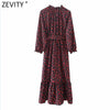 Zevity 2022 Women Vintage V Neck Rose Flower Print Pleats Ruffles Midi Dress Female Bow Sashes Chic Vestido Casual Cloth DS5026
