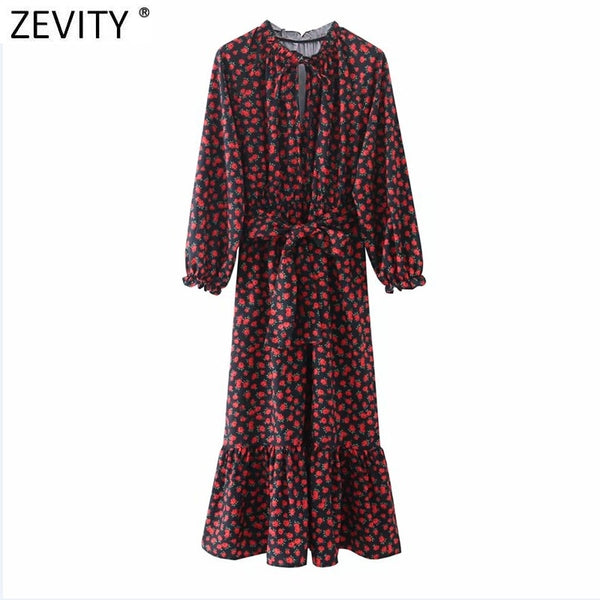 Zevity 2022 Women Vintage V Neck Rose Flower Print Pleats Ruffles Midi Dress Female Bow Sashes Chic Vestido Casual Cloth DS5026