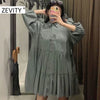 Zevity Autumn Women Turn Down Collar Solid Color Pleats Shirt Dress Office Lady Chic Puff Sleeve Business Vestido DS4565