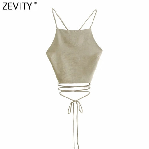 Zevity New 2022 Women Spaghetti Strap Sexy Chic Solid Camis Tank Ladies Summer Backless Cross Lace Up Sling Short Tops LS9010