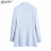 Zevity Women Elegant Plaid Pattern Tweed Woolen Blazer Coat Office Lady Double Breasted Suits Female Chic Buttons Tops CT711
