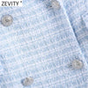 Zevity Women Elegant Plaid Pattern Tweed Woolen Blazer Coat Office Lady Double Breasted Suits Female Chic Buttons Tops CT711