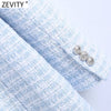 Zevity Women Elegant Plaid Pattern Tweed Woolen Blazer Coat Office Lady Double Breasted Suits Female Chic Buttons Tops CT711