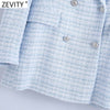 Zevity Women Elegant Plaid Pattern Tweed Woolen Blazer Coat Office Lady Double Breasted Suits Female Chic Buttons Tops CT711